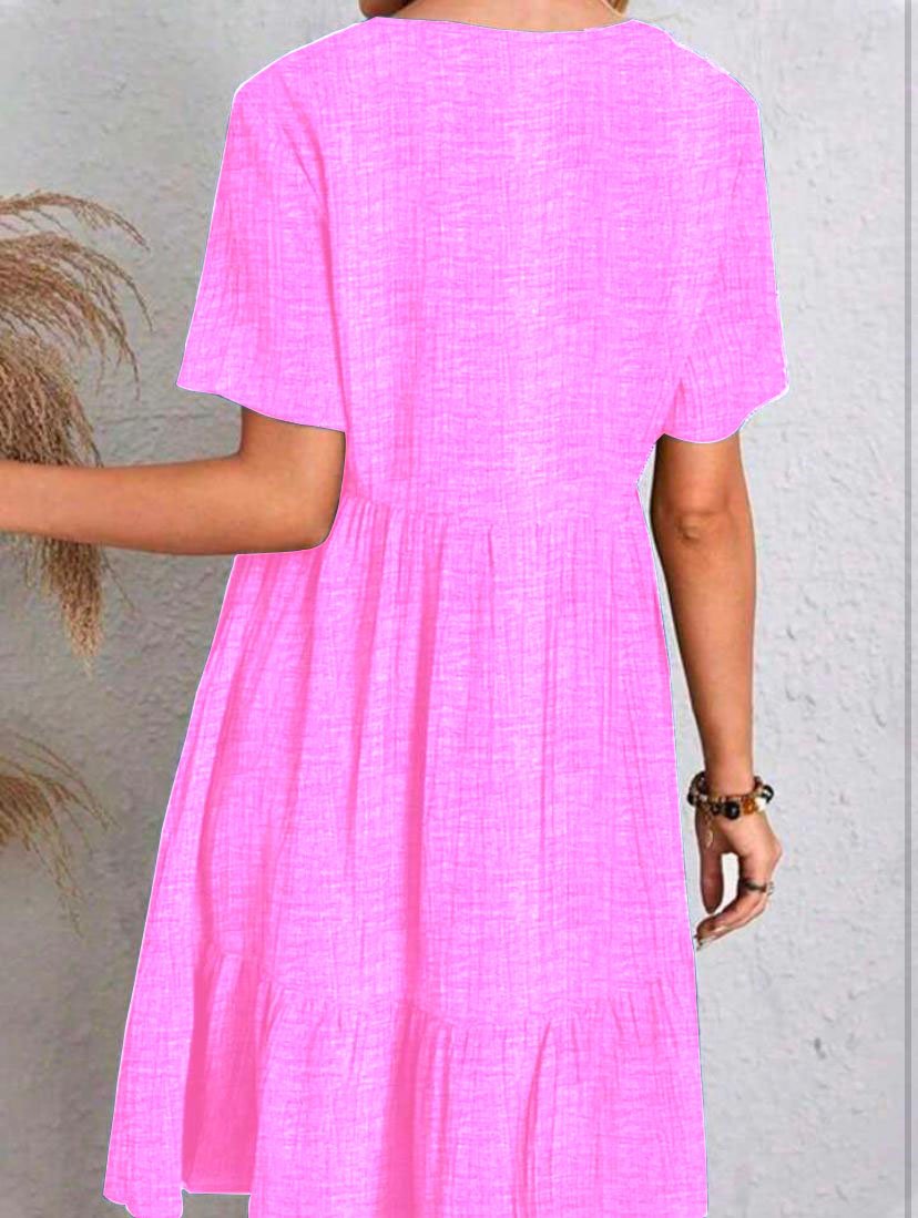 Kadın Siyah-Pembe-Soft Limon Sarısı V Yaka Kısa Kollu Fırfır Detaylı Elbise – Yazlık Şık Model